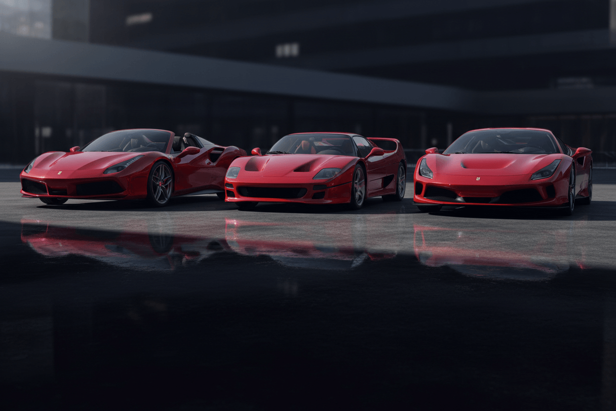 Three stunning red Ferraris showcased, ideal for those looking to rent a Ferrari in Orlando.