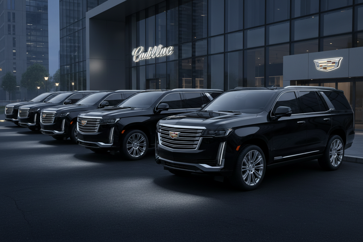 Cadillac Escalade Rental Orlando - Luxury SUVs lined up for rental in front of a Cadillac dealership.