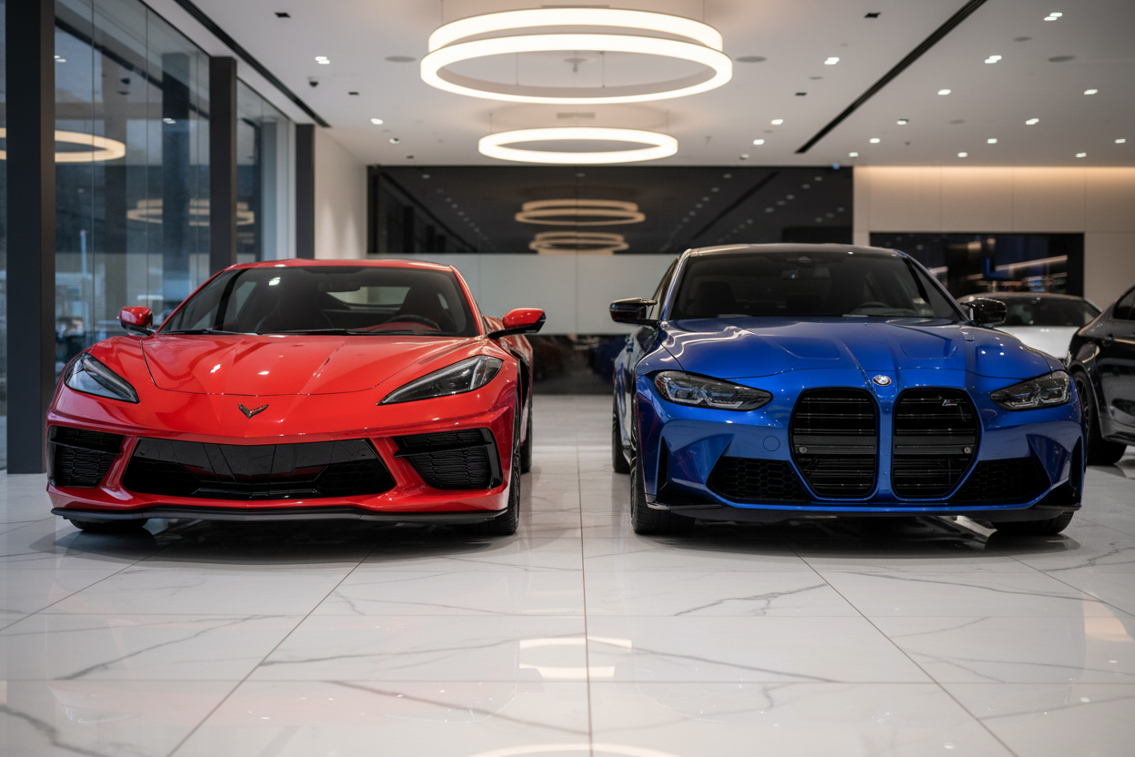 BMW M4 Competition rental cost Orlando 2026 with red Corvette in showroom setting.