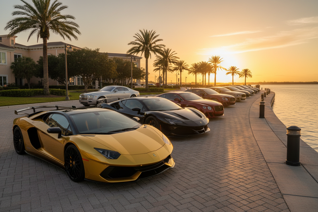 Exotic Car Rental Orlando Requirements with a lineup of luxury cars at sunset near the water.