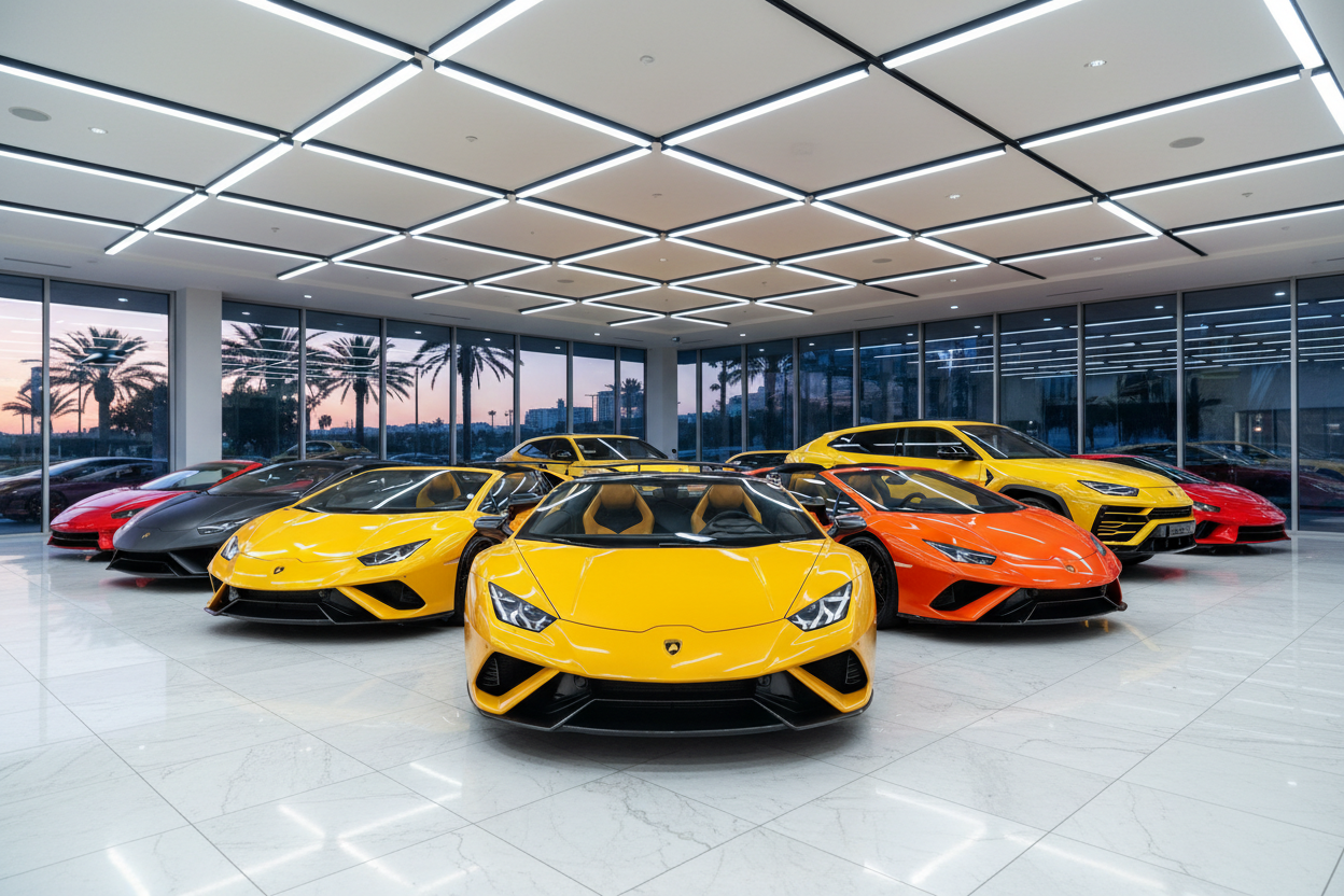 Lamborghini Rental Cost Orlando showcases a stunning lineup of exotic cars in a luxury showroom.
