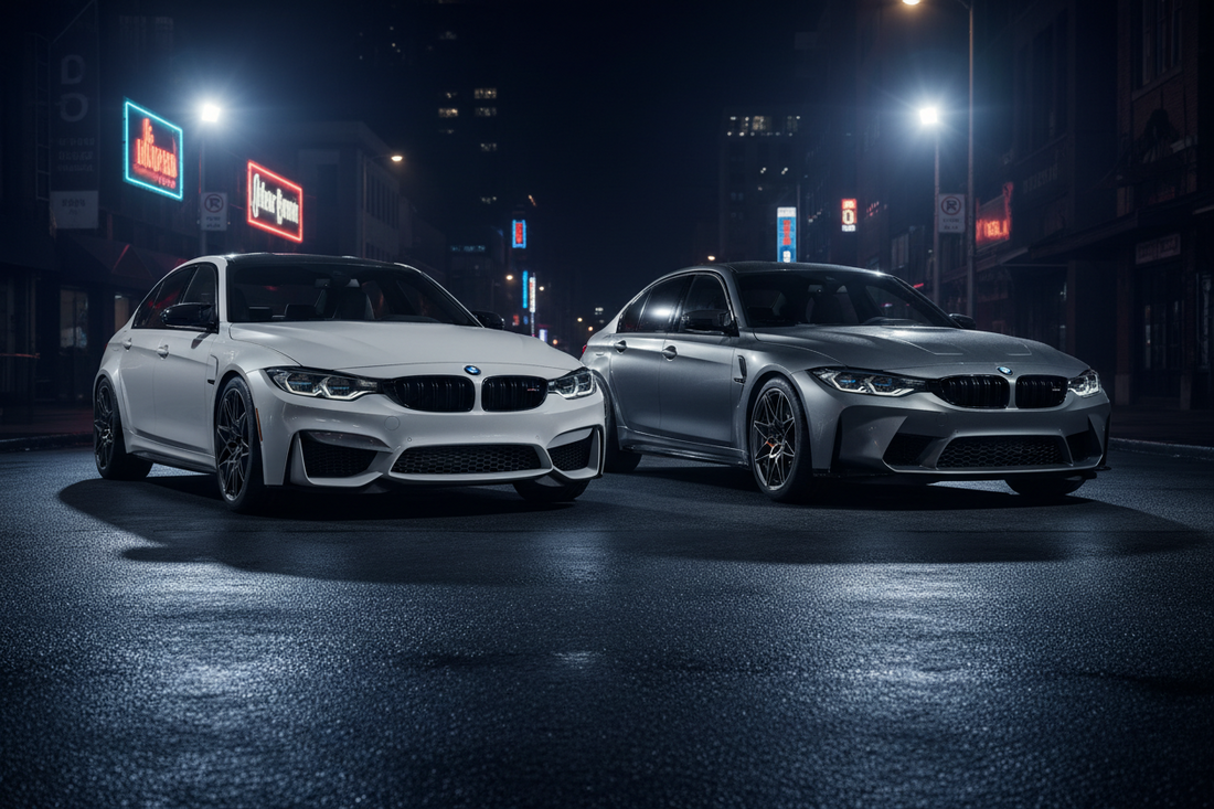 BMW M3 Competition rental Orlando featuring a white and a silver BMW M3 at night in the city.