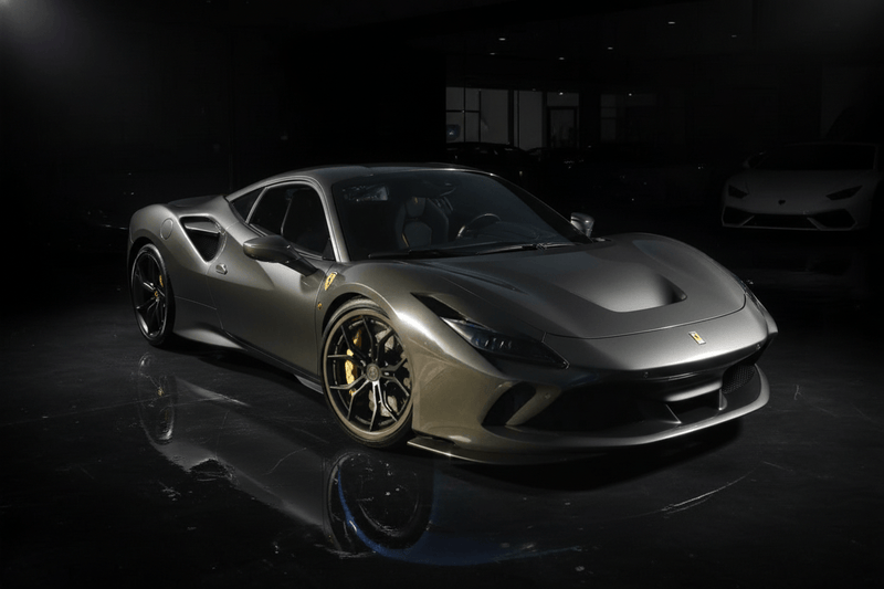 2020 Ferrari F8 Tributo in a sleek matte finish, showcasing luxury design and performance.