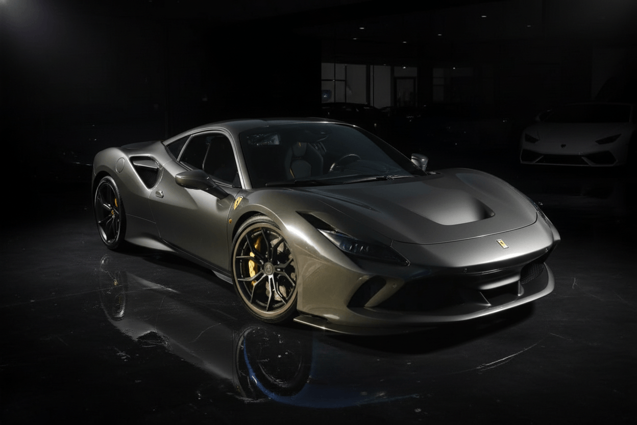 2020 Ferrari F8 Tributo in a sleek matte finish, showcasing luxury design and performance.
