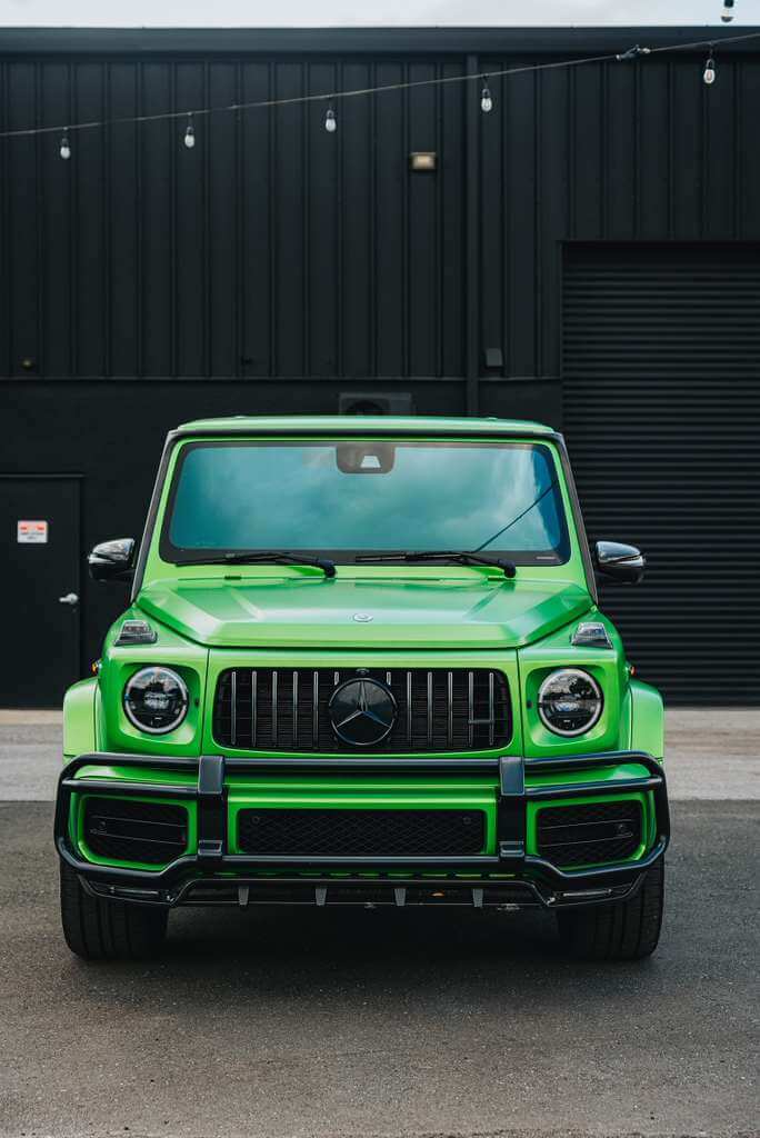 2022 Mercedes G63 AMG Brabus green parked in Orlando — luxury performance SUV available for rental from Royal International Cars