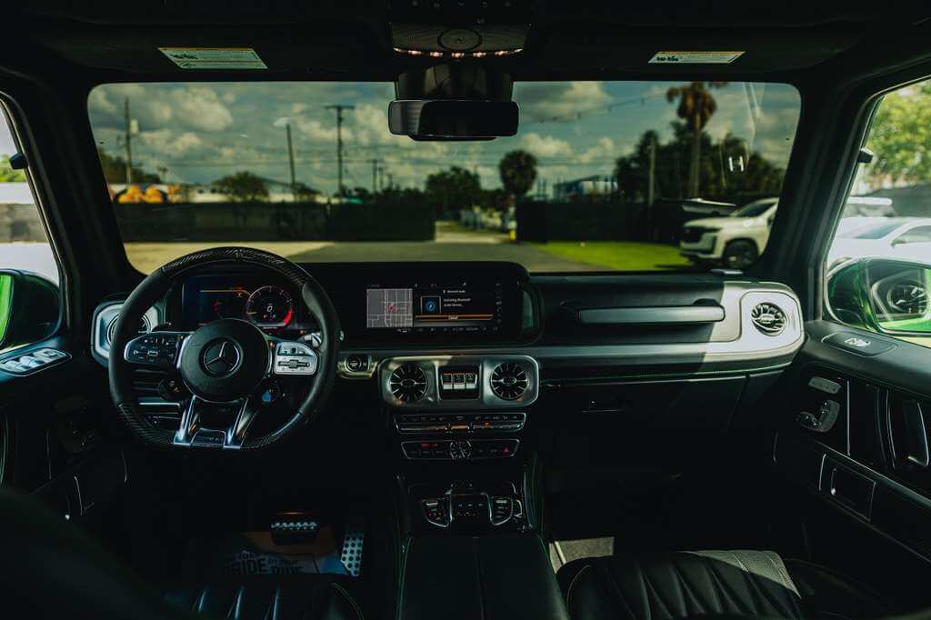 Interior view of the 2022 Mercedes G63 AMG (Brabus Kit) showcasing luxury features.