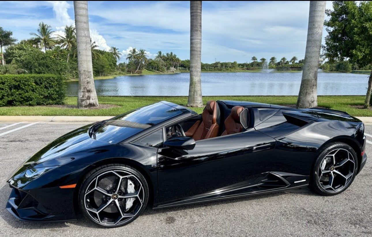 Black Lamborghini Huracan Spyder convertible sports car with leather interior parked by lake and palm trees, luxury high-performance supercar.