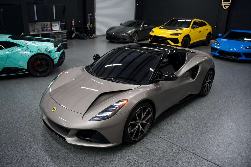 2024 Lotus Emira First Edition silver mid-engine sports car for rental in Orlando — Royal International Cars