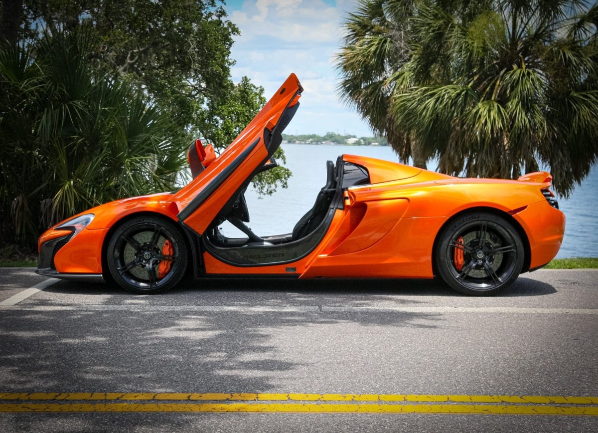 Sleek orange McLaren sports car with butterfly doors open, parked by the lakeside under palm trees, showcasing luxury supercar design and performance.