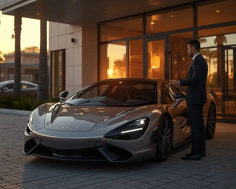customer renting a mclaren and delivering it in front of hotel